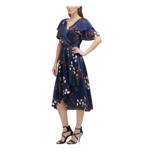 DKNY Womens Navy Asymmetrical Hem Flutter Sleeve Midi Faux Wrap Dress 14